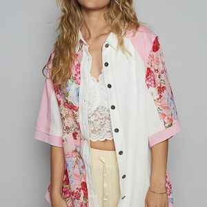 POL Mixed Media Floral Patchwork Button Down Boho Shirt Pink Multi SZ S-M-L